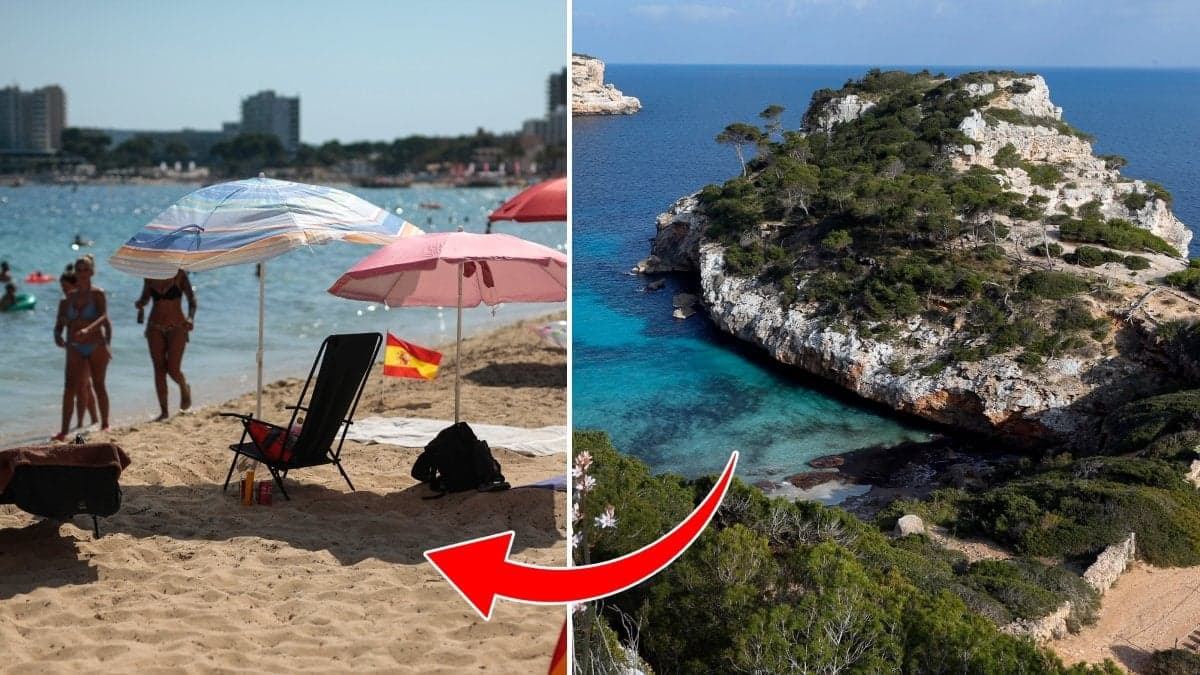 Turister på staranden i Mallorca och Cap des Moro.