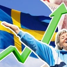 Sverige-flagga, svenska sedlar och en äldre dam