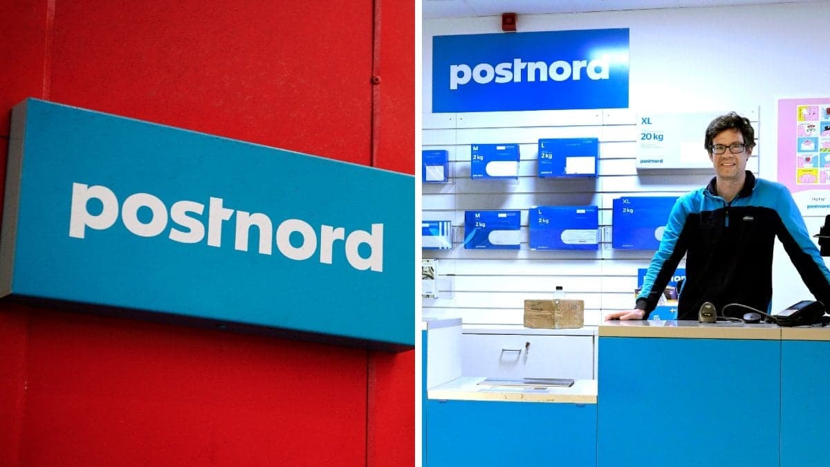 En Postnord-logga och en man vid en Postnord-disk.