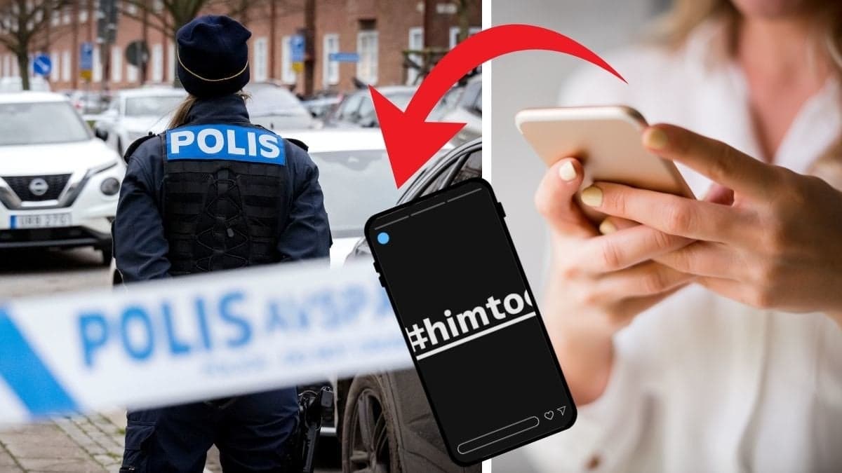 Polis i bakgrunden för en polisavspärrning till vänster. En person håller en telefon till höger. En utklippt telefon med texten #Himtoo i mitten. 