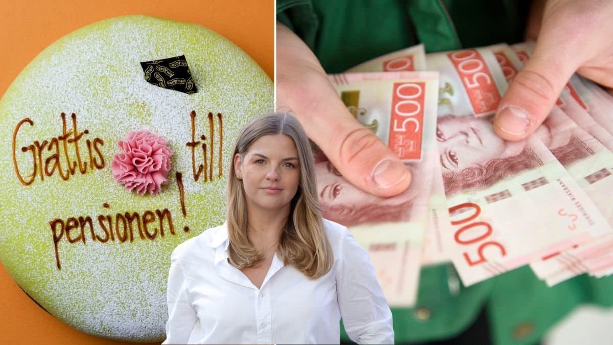 Grattis till pensionen-tårta, pengar och privatekonomen Felicia Schön.