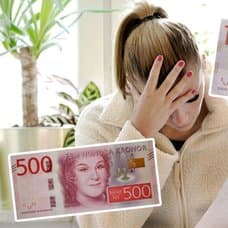 Kvinna med en faktura i handen och en femhundra- respektive en tusenlapp.