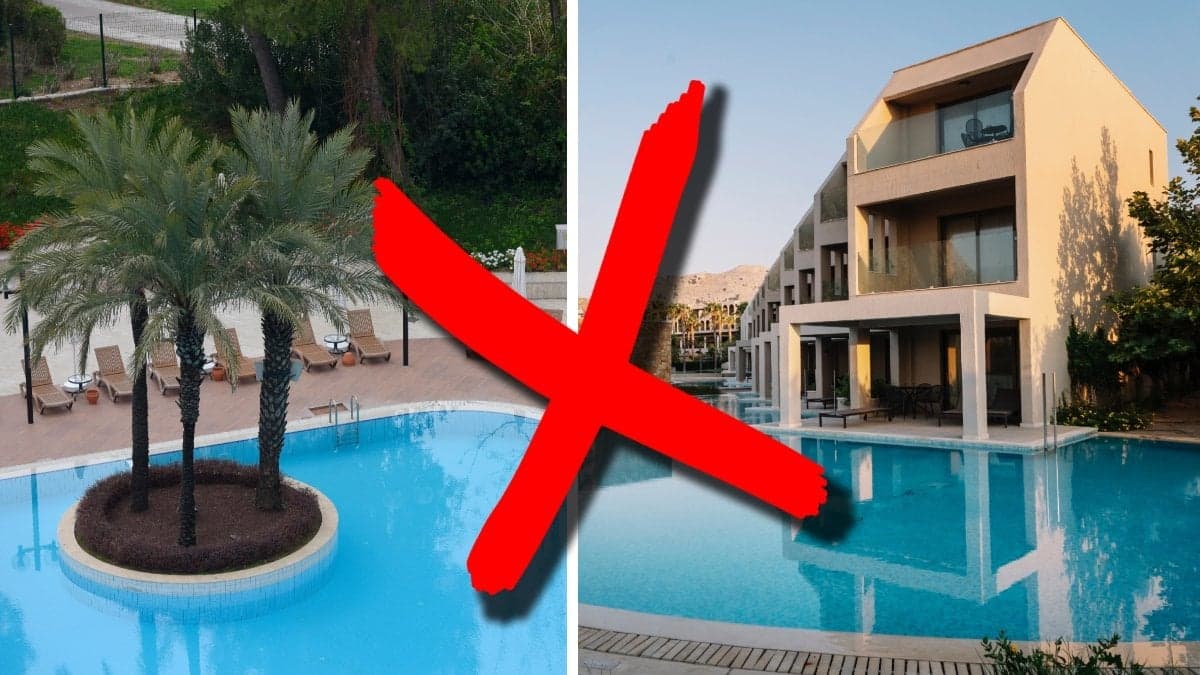 Bilden till vänster föreställer ett hotellområde. Bilden till höger föreställer ett hotellområde med pool.
