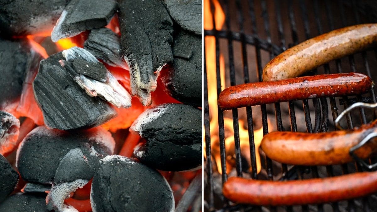 Bilder på grillkorv och grillkol.
