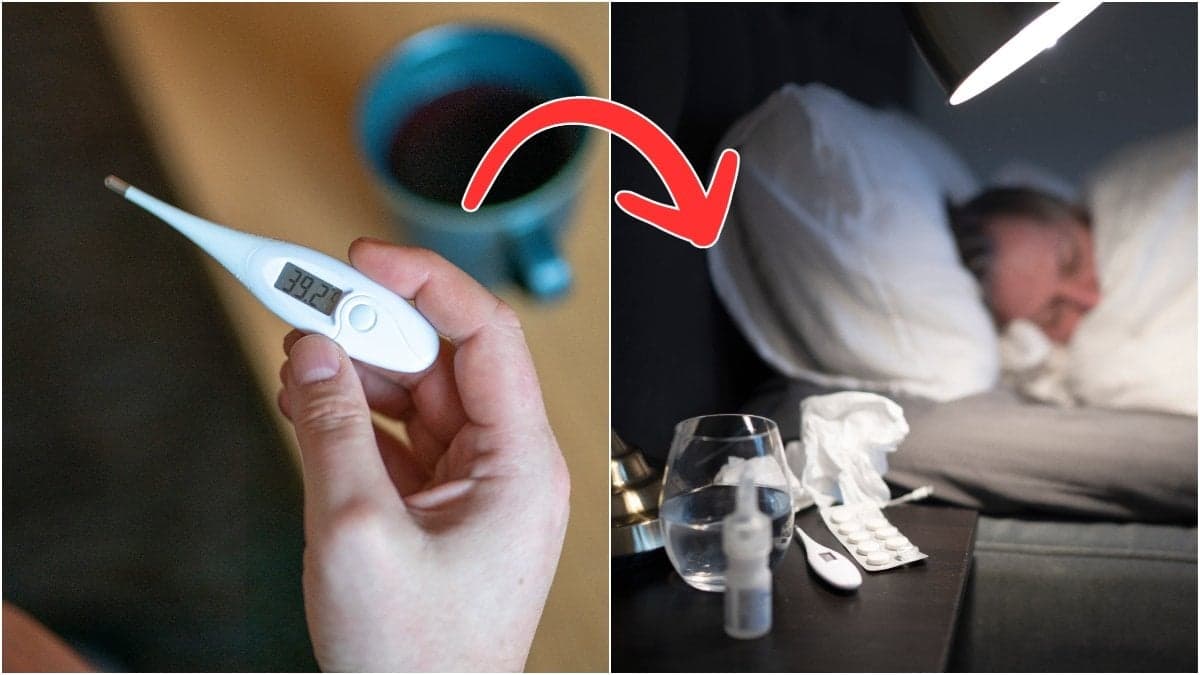 Febertermometer och sjuk man i sängen.