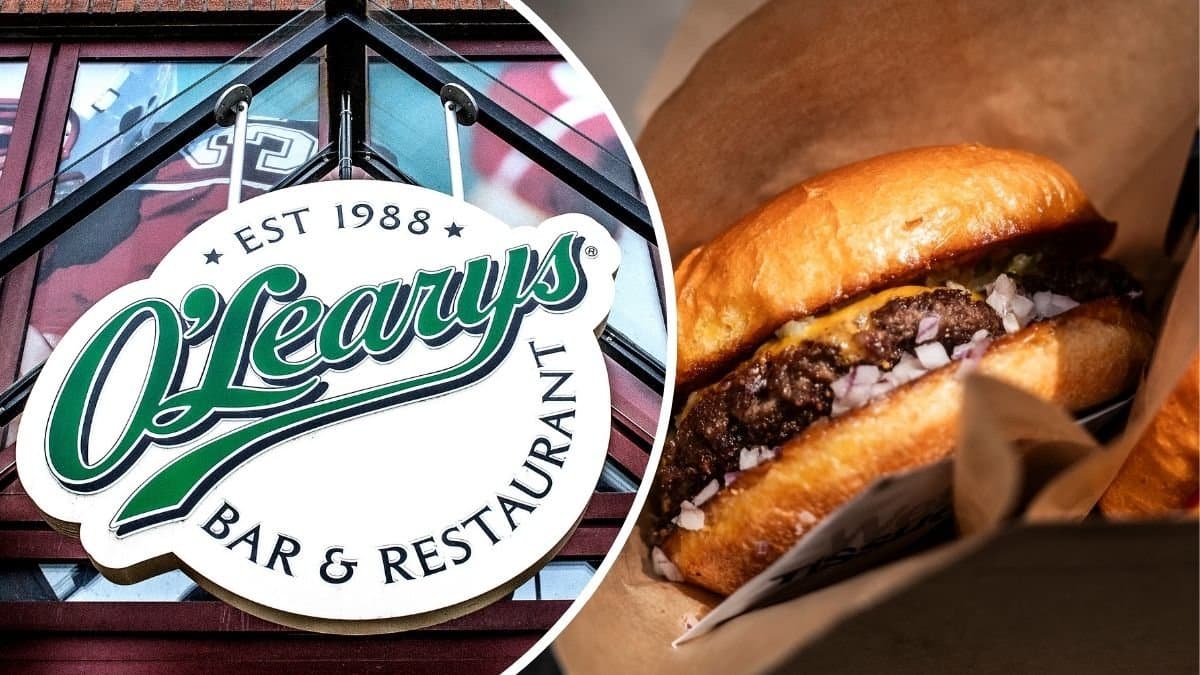 Bilder på en hamburgare och en O'Learys-skylt.