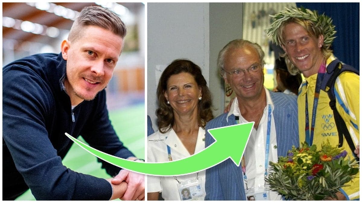 Christian Olsson och Christian Olsson tillsammans med drottning Silvia och kung Carl XVI Gustaf efter OS 2004