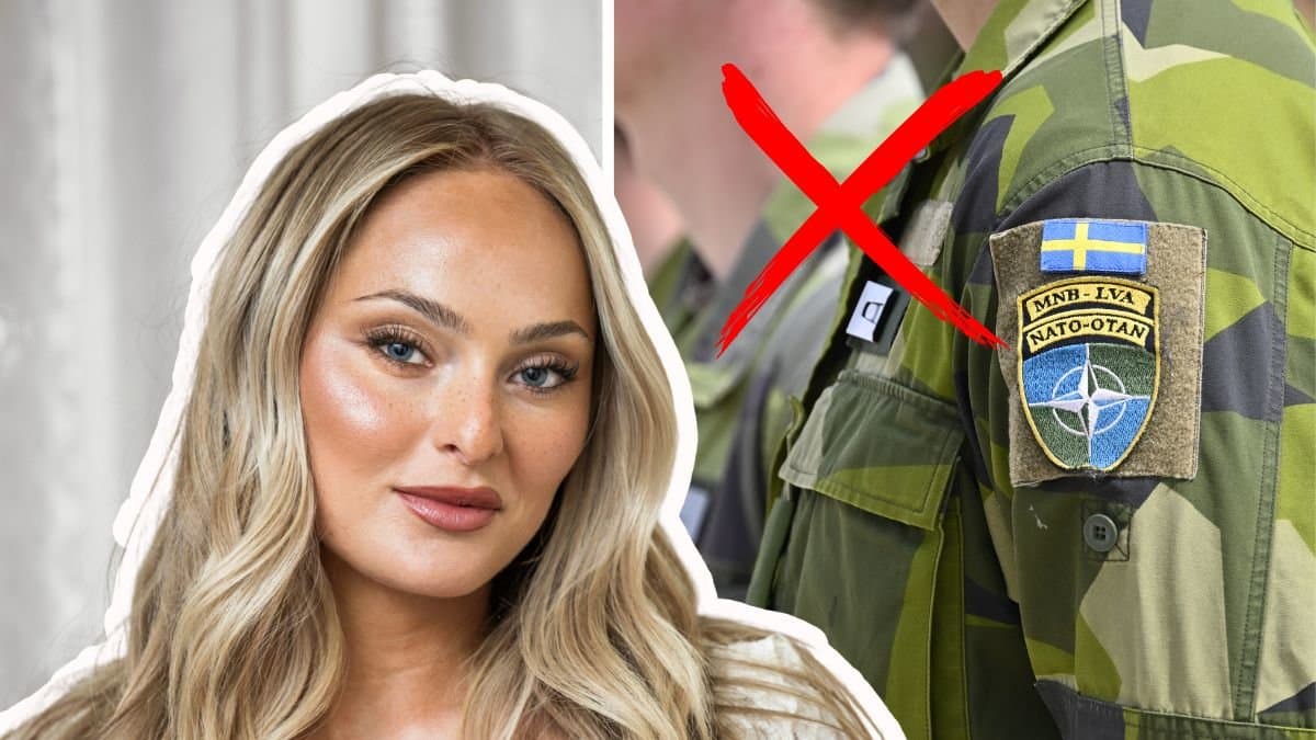 Alice Stenlöf utklippt till vänster. Närbild på Försvarsmaktdräkts- arm till höger. Rött kryss snett upp till höger.