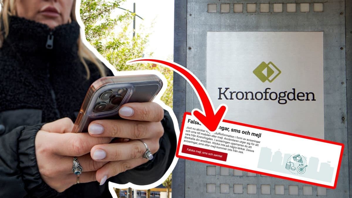Kvinna med mobiltelefon och Kronofogdens skylt. 