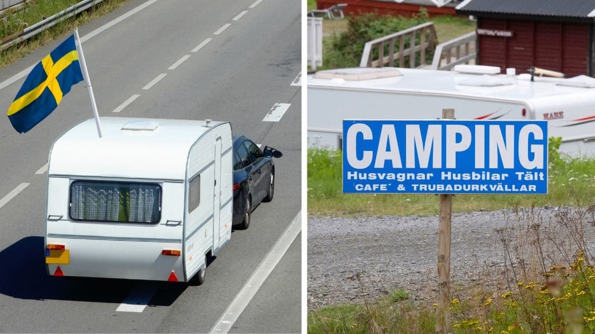 Husvagn som kör på bilväg och en campingskylt.