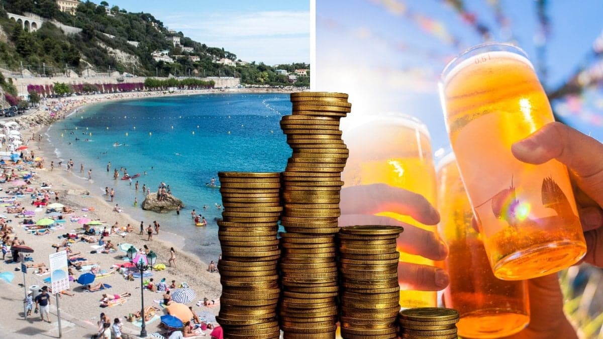 Bilden till vänster visar en strand. Bilden till höger visar ölglas.