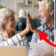 Ett äldre par gör en high five till vänster. Ett äldre par fotograferas bakifrån, går hand i hand med en rullator till höger.