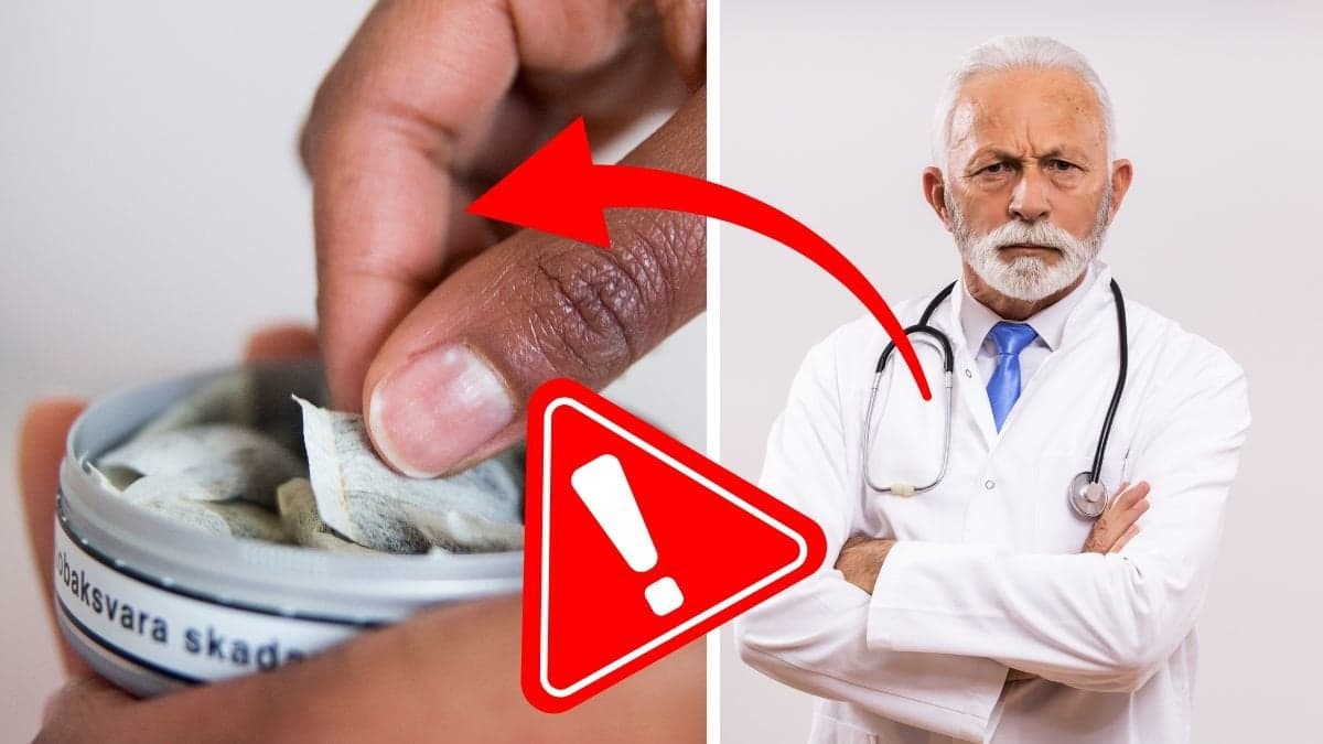 En hand tar ut en snusprilla från en snusdosa till vänster. En arg läkare med armarna i kors till höger. En röd pil pekar på snusprillan. En röd varningskylt under pilen.