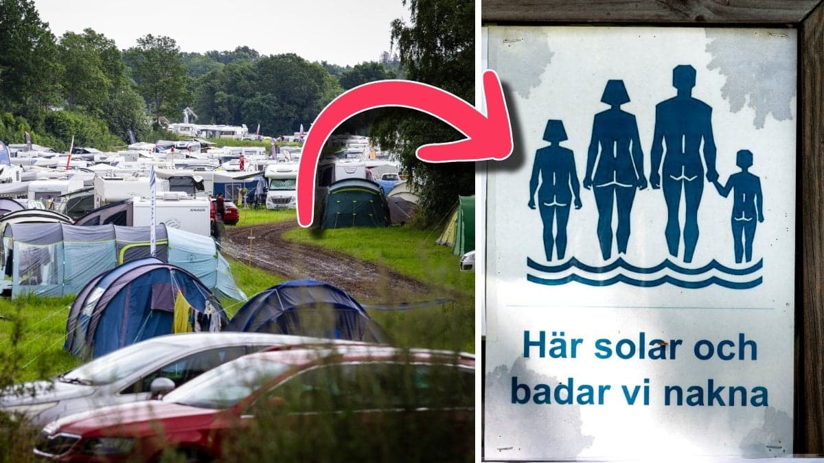 En svensk camping och en skylt med texten Här solar och badar vi nakna.