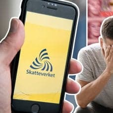 Skatteverkets app, pengar och en man med händerna i ansiktet.