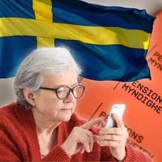 Brev från Pensionsmyndigheten, svenska flaggan och en kvinna med mobilen i handen.