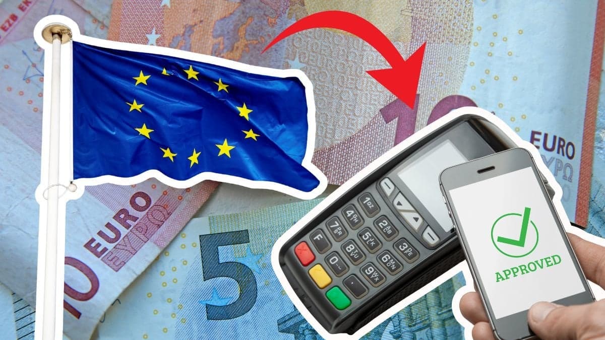 Euro-sedlar i bakgrunden. EU flagga utklippt vänster. En kortläsare och mobil där det står APPROVED på skärmen utklippt till höger.