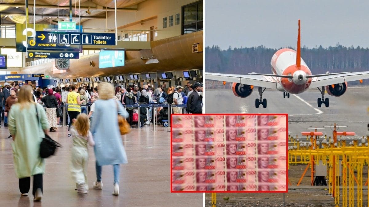 Flygresenärer i vimlet på Arlanda och ett flygplan på väg upp i luften från en landningsbana. 