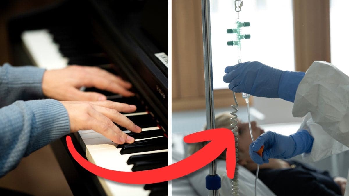 Spela piano och kvinna i patientrum på sjukhus.