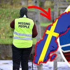 Person med missing people-väst till vänster. Polisbil till höger i rund ram. En uttklippt karta över Sverige i mitten. En röd pil pekar på kartan från personen i missing people-väst.
