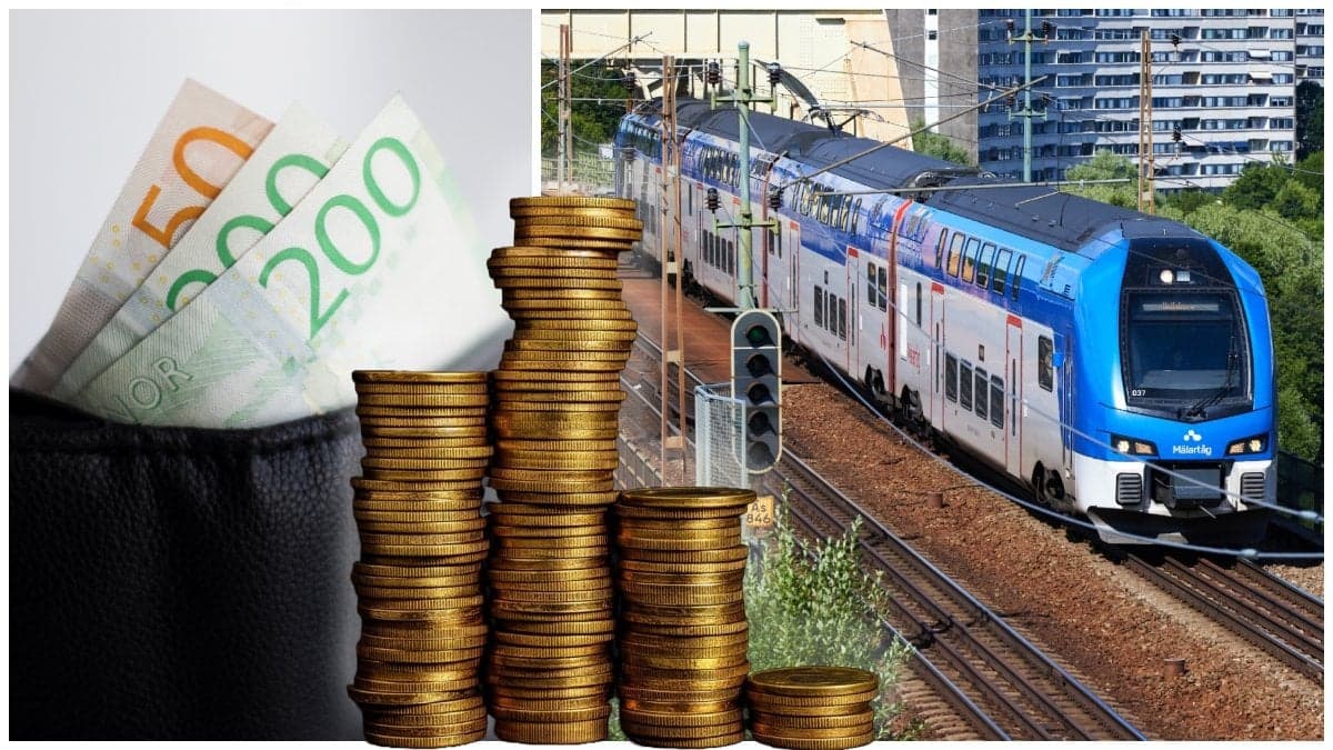 Svenska sedlar i en plånbok och ett Mälartåg