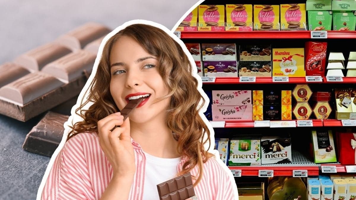 Chokladkaka vänster. Butikshylla med choklad höger. Utklippt kvinna äter choklad i mitten.