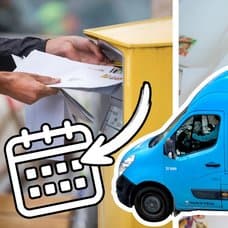 Brev som stoppas i en brevlåda, kuvert med frimärken och en Postnord-bil