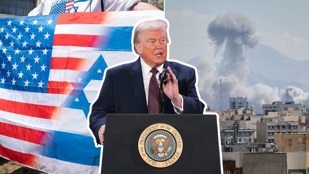 USA och Israels flagga, Donald Trump och en bild efter attackerna mot Iran.