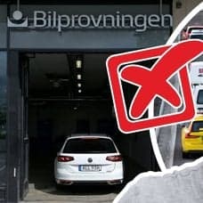 Bil på väg in till bilprovningen, trafik och en bekymrad man
