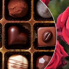 Bilder på rosor och praliner.