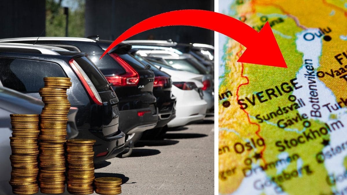 Bilar som står parkerade och en karta över Sverige
