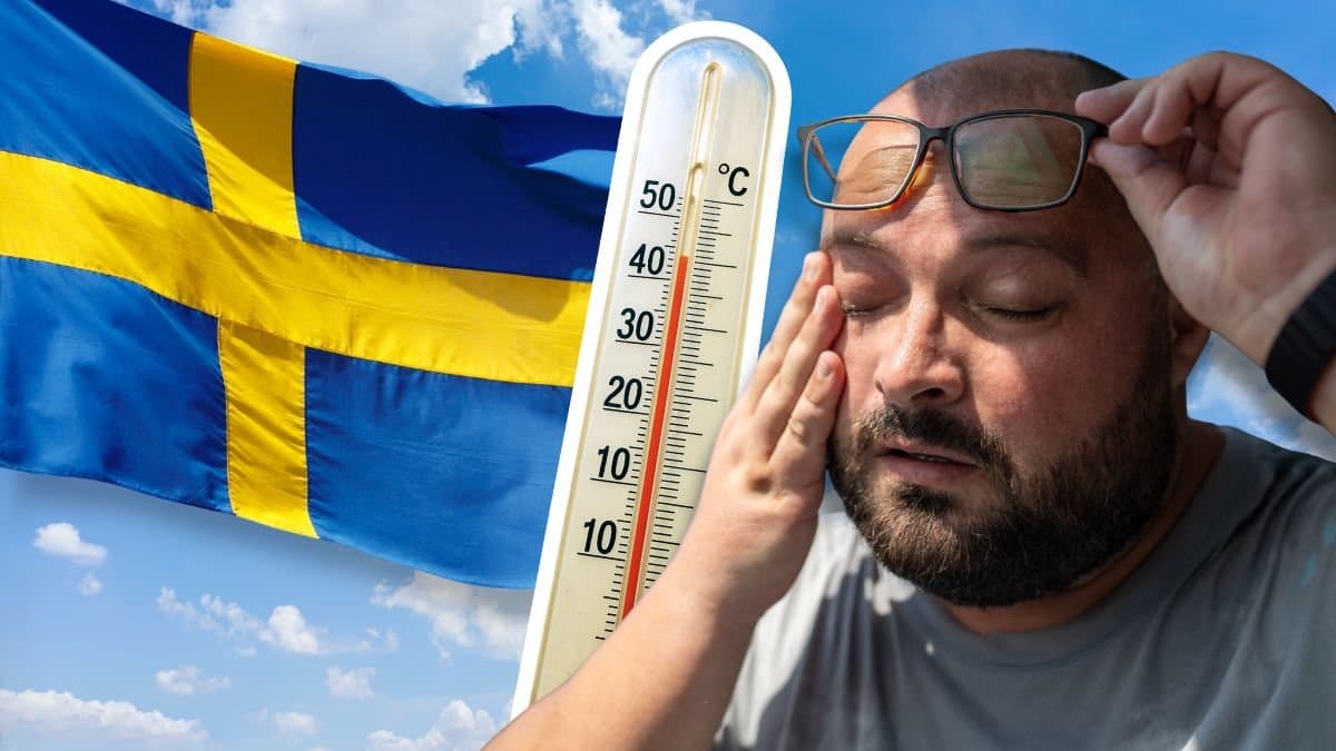 Sverige-flagga, termometer och man som svettas