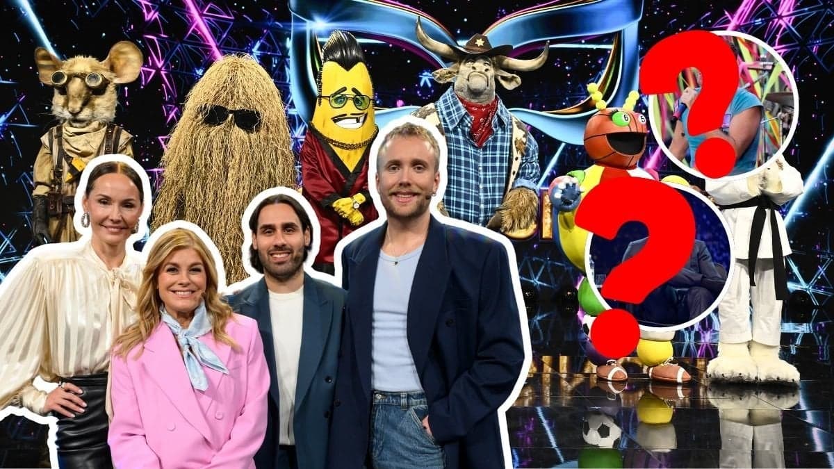 Panelerna och maskerna i Masked Singer 2026 och frågetecken över bilder på Zlatan och Chris Martin