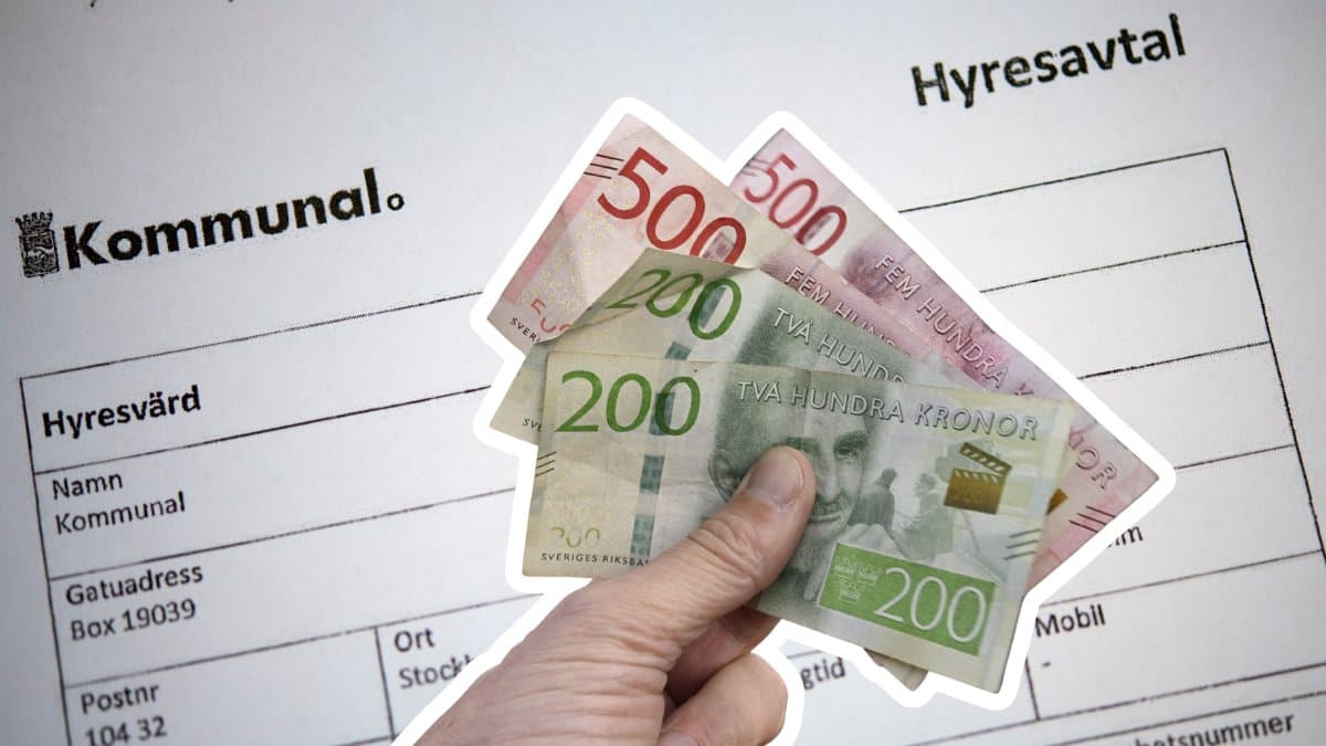 Ett hyreskontrakt i bakgrunden. Utklippt hand i mitten som håller flera kontanter.