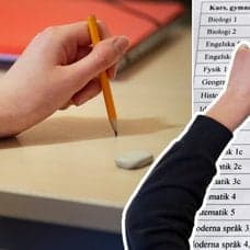 Skolbänk, en person som räcker upp handen och slutbetyg.