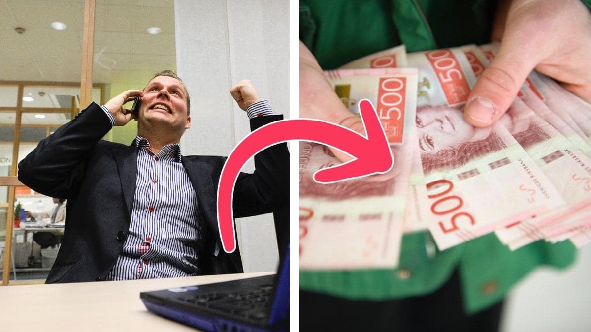 En man som hurrar framför datorn och en bunt femhundralappar.