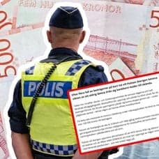 En svensk polis, svenska sedlar och en kvinna som pratar i telefon