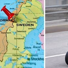 Karta över Sverige vänster. Person som kör motorcykel höger.