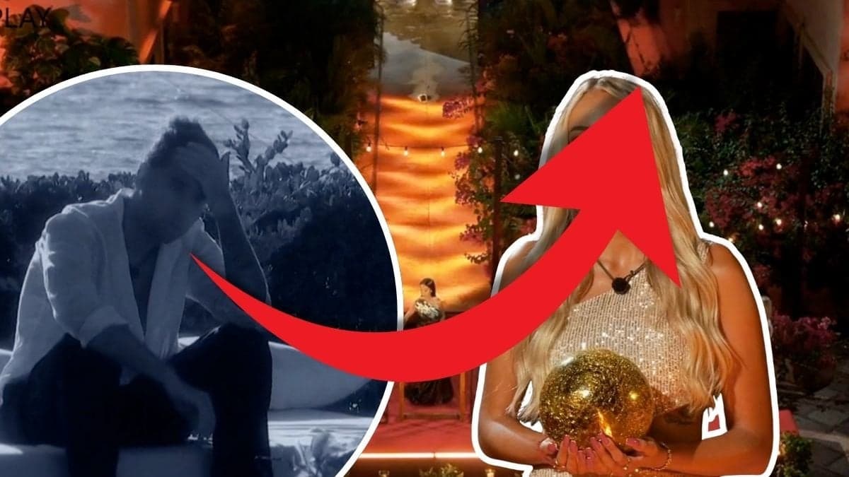 Ruslan och Moa i finalen av Paradise Hotel. Moa håller en kula i handen och Ruslan tar sig för pannan