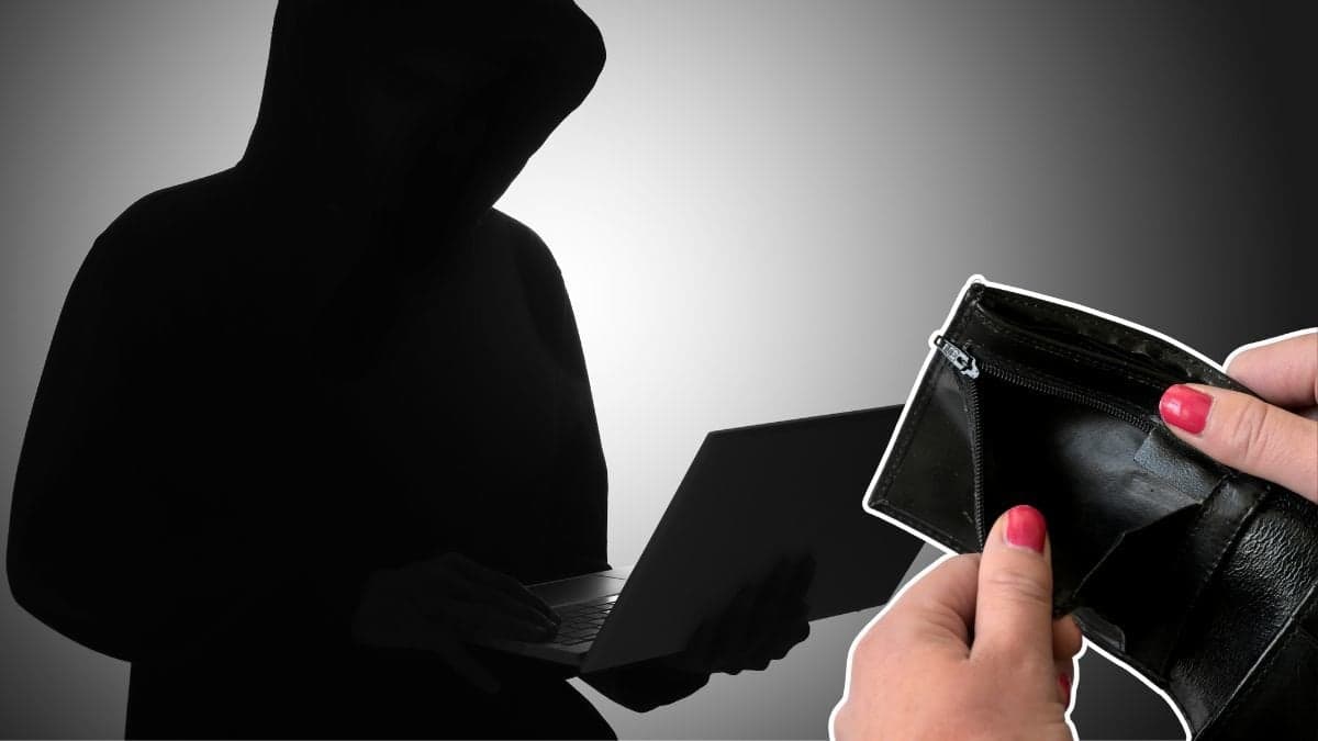 Bedragare med en dator och en tom plånbok.