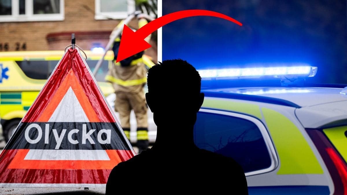 Olycka-skylt vänster. Blåljus höger. Man siluett utklippt i mitten. 