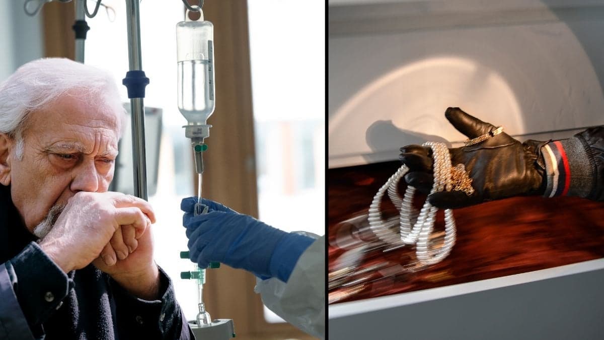 Vård på sjukhus, en tänkande man och en tjuv som stjäl smycken.