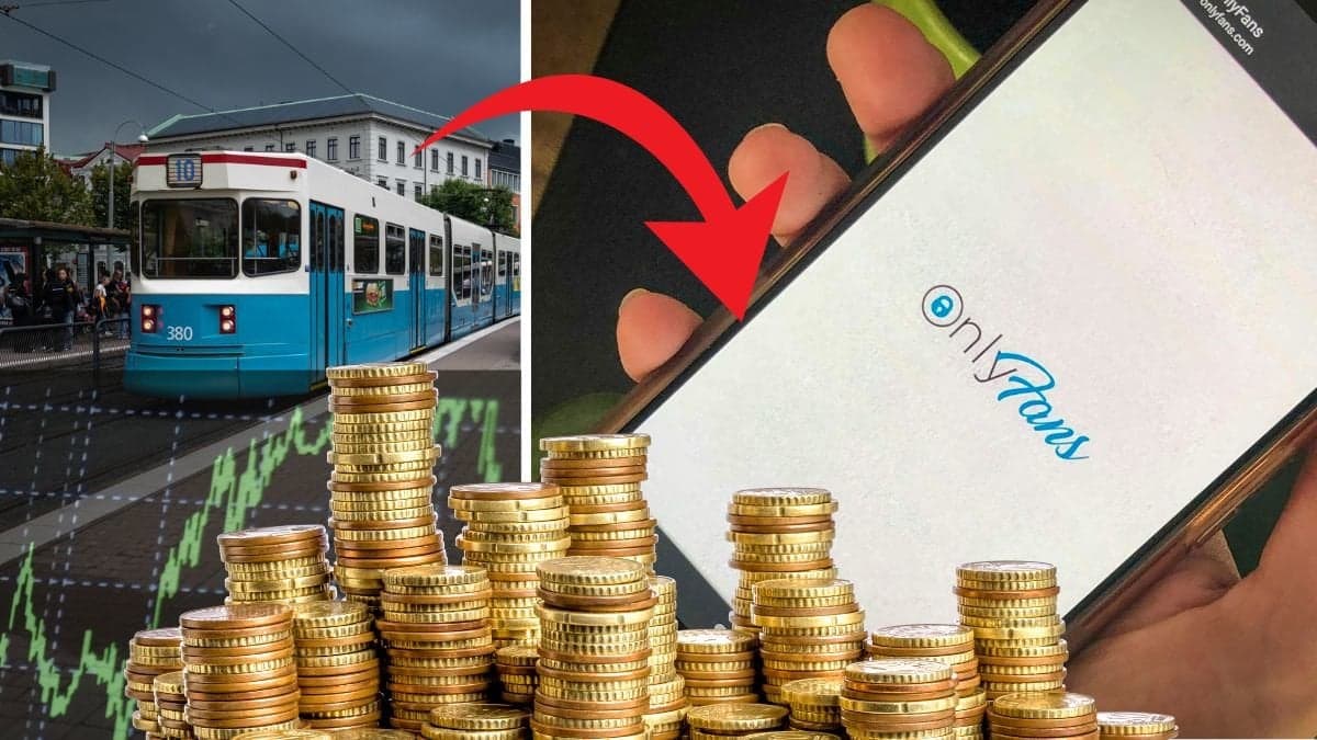 Spårvagn i Göteborg till vänster, analysgrafer framför den utklippt. Bild på mobilskärm med plattformen OnlyFans uppe till höger. Mynthög utklippt i mitten. Röd pil pekar från spårvagnen till mobilen.
