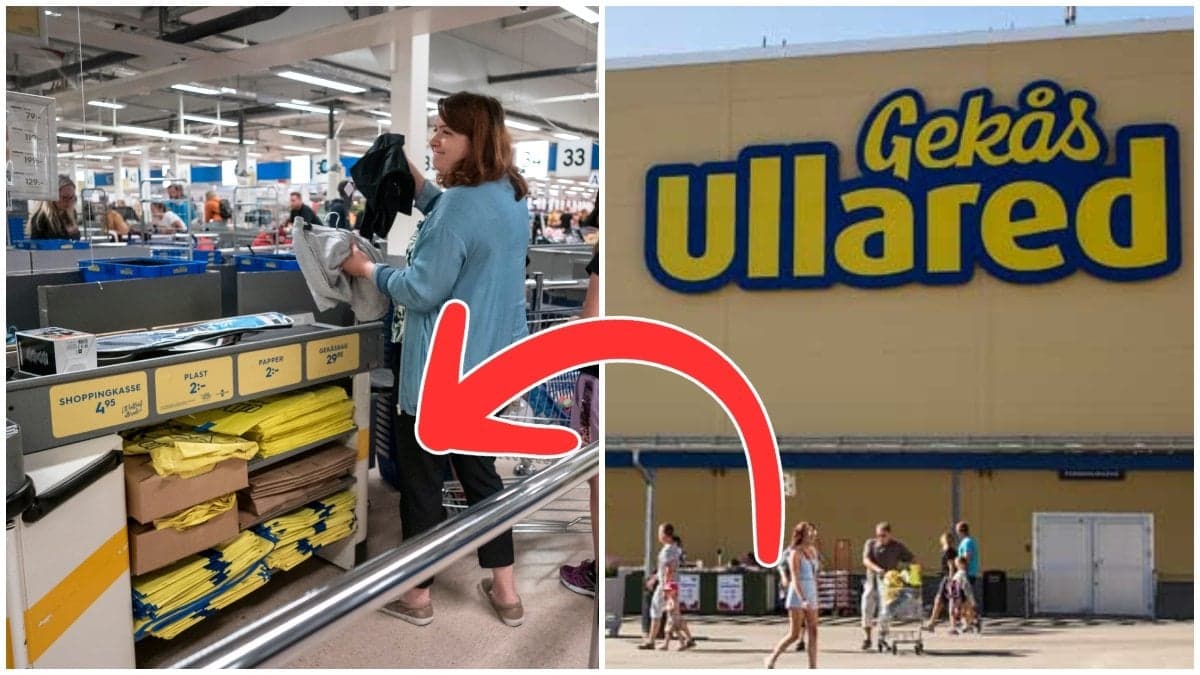 En kvinna som betalar på Gekås och en bild på varuhuset Gekås Ullared.