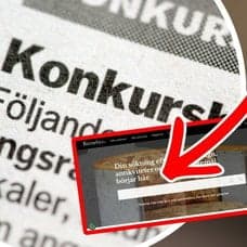 Konkursbeslut i en tidning, kvinna vid dator