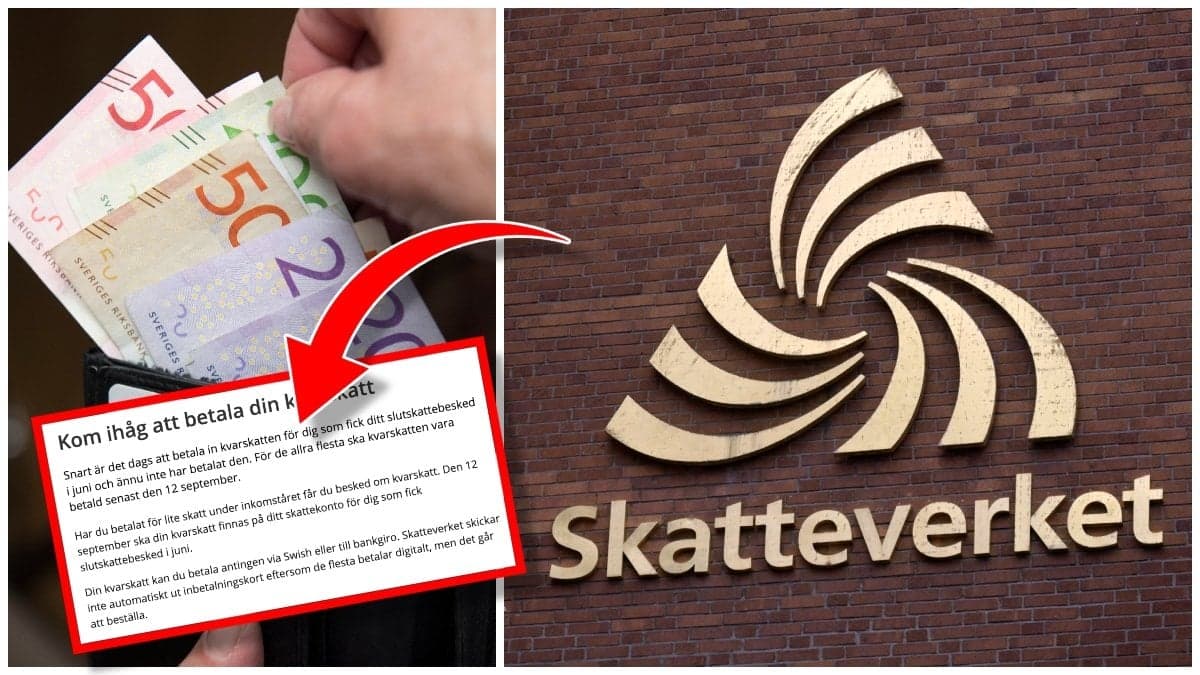 Svenska sedlar i plånbok och Skatteverkets logga på en fasad