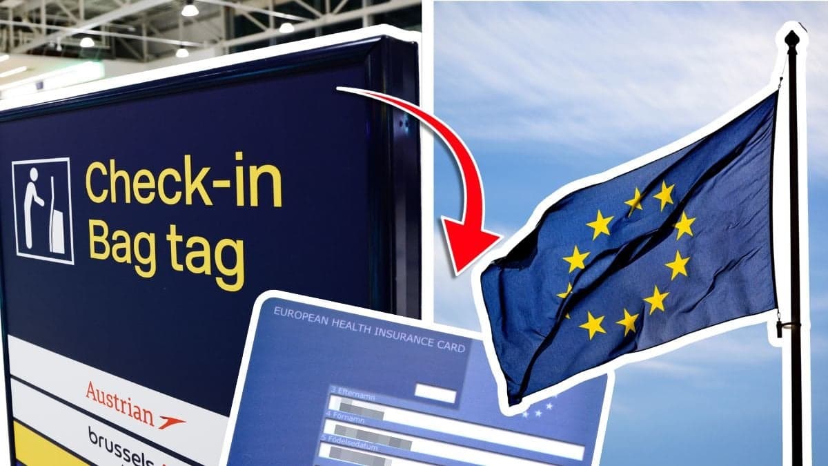 Checka in på flygplats och EU-flagga.