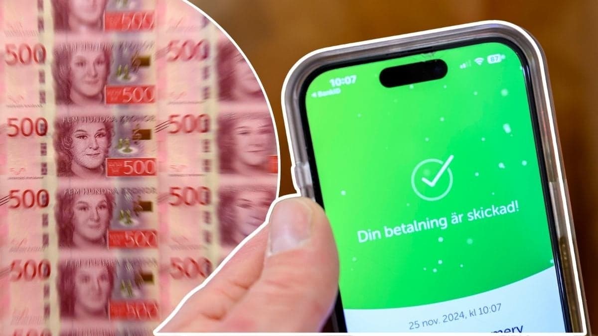 Bilder på Swish på mobilen och sedlar.