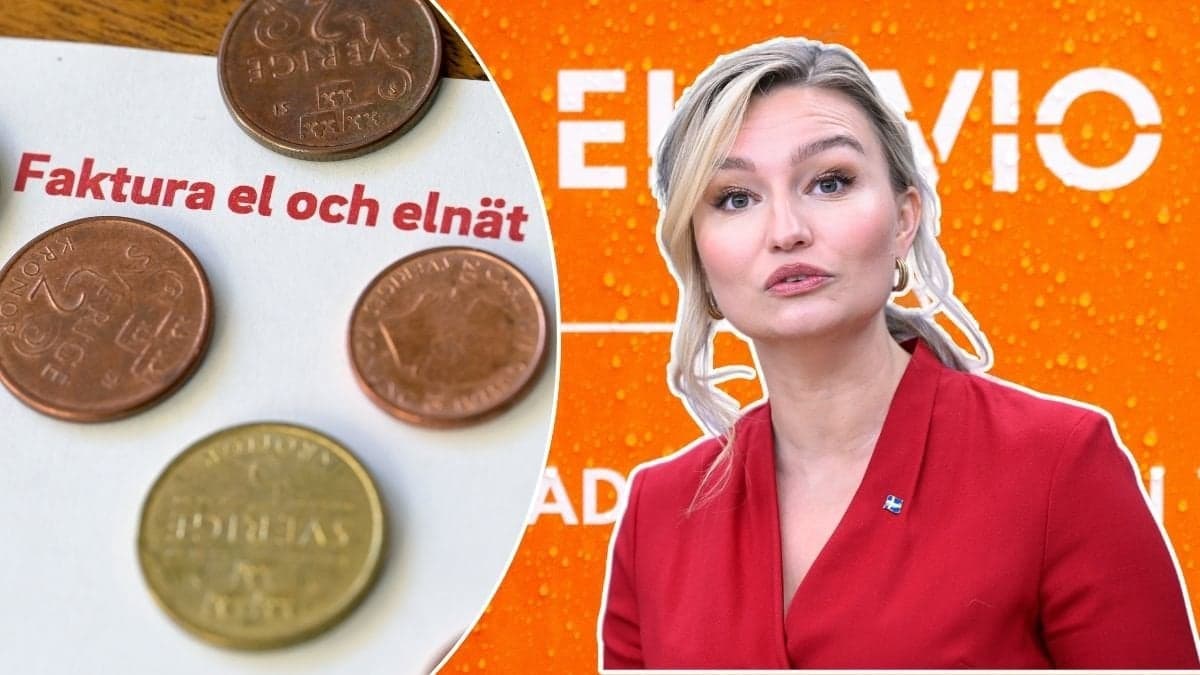 Bilder på en elräkning Ebba Busch och en Ellevio-skylt.