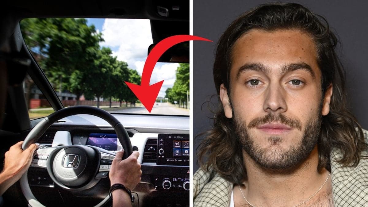 Styrratten av en bil vänster, närbild Benjamin Ingrosso höger. Röd pil pekar på styrratten från Benjamin Ingrosso. 